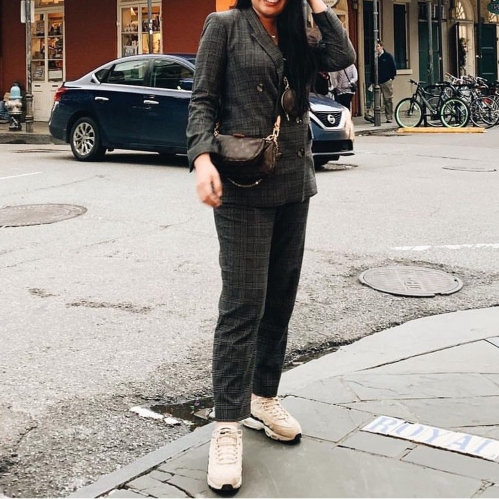 Black Gray Plaid Blazer Trouser Suit Set